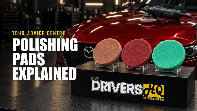 Polishing pads explained: AutoBead Downforce Heavy Cut, Medium Cut and Fine Cut foam pads on The Drivers HQ display plinth