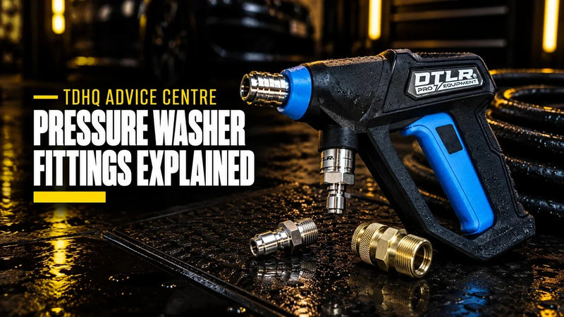 Pressure washer fittings explained: DTLR 2.0 Pro trigger gun with a stainless steel quick release adapter and a brass M22 adapter on a wet detailing mat