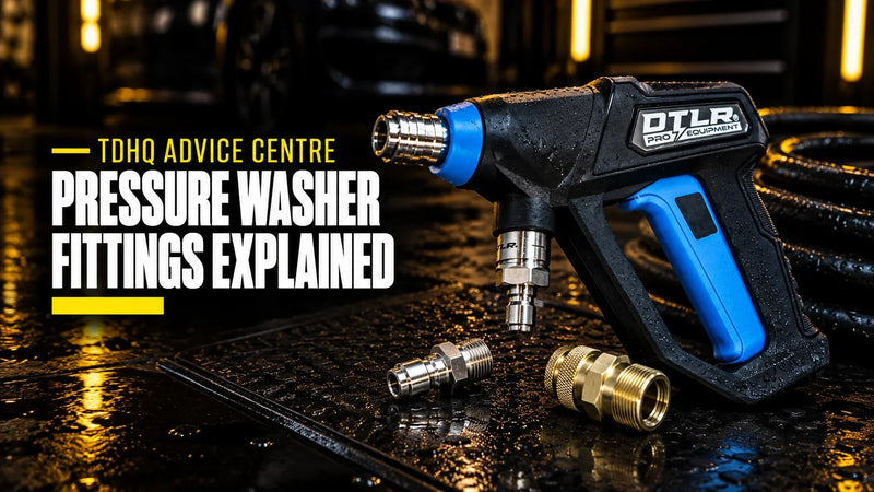 Pressure washer fittings explained: DTLR 2.0 Pro trigger gun with a stainless steel quick release adapter and a brass M22 adapter on a wet detailing mat