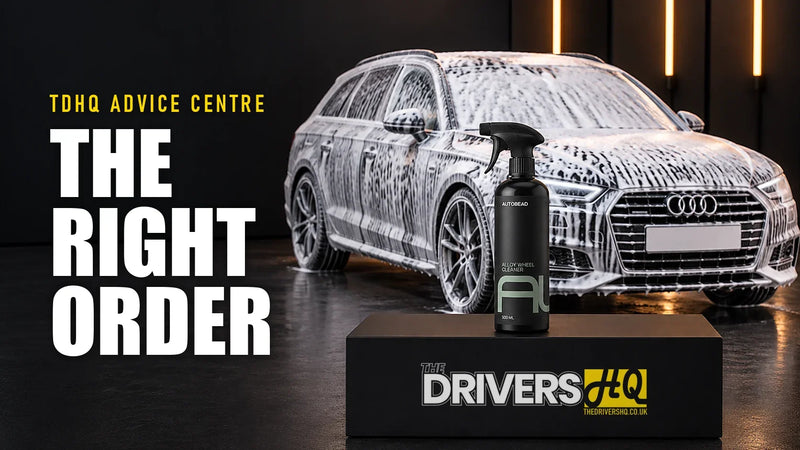 The correct order to detail a car: AutoBead Alloy Wheel Cleaner on The Drivers HQ display plinth in front of a grey Audi A4 Avant covered in snow foam