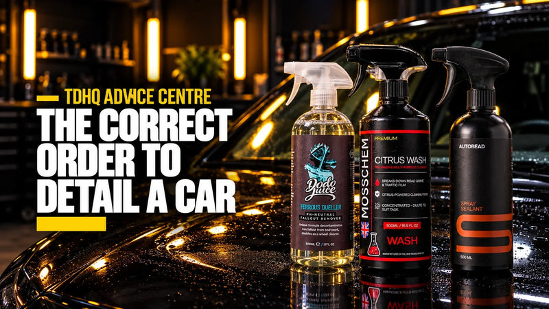 The correct order to detail a car: Dodo Juice Ferrous Dueller, Mosschem Citrus Wash and Autobead Spray Sealant on a wet black bonnet