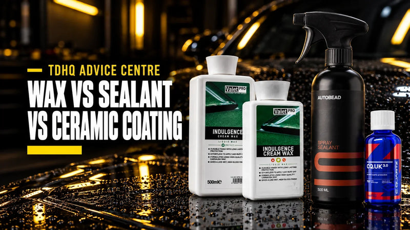 Wax vs sealant vs ceramic coating: ValetPro Indulgence Cream Wax, Autobead Spray Sealant and CarPro CQUK 3.0 on a beaded black bonnet