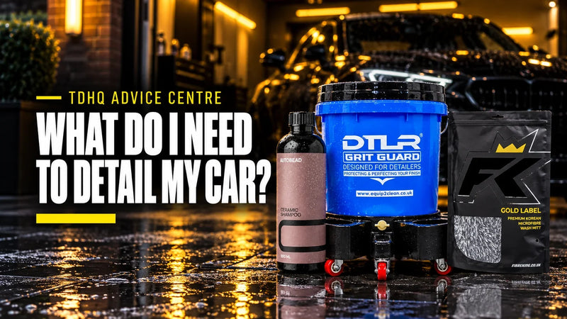 What do I need to detail my car: Autobead Ceramic Shampoo, DTLR Grit Guard wash bucket and FibreKing Gold Label wash mitt on a wet driveway