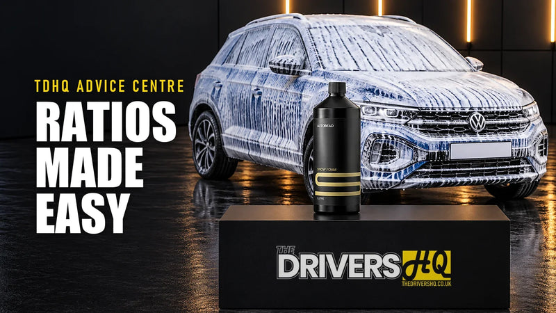 Dilution ratios explained: AutoBead Snow Foam on The Drivers HQ display plinth in front of a blue VW T-Roc covered in snow foam