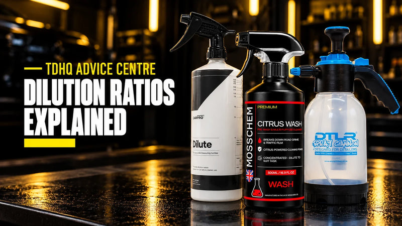 Dilution ratios explained: CarPro Dilute bottle, Mosschem Citrus Wash and DTLR Spray Cannon pump sprayer on a detailing workbench