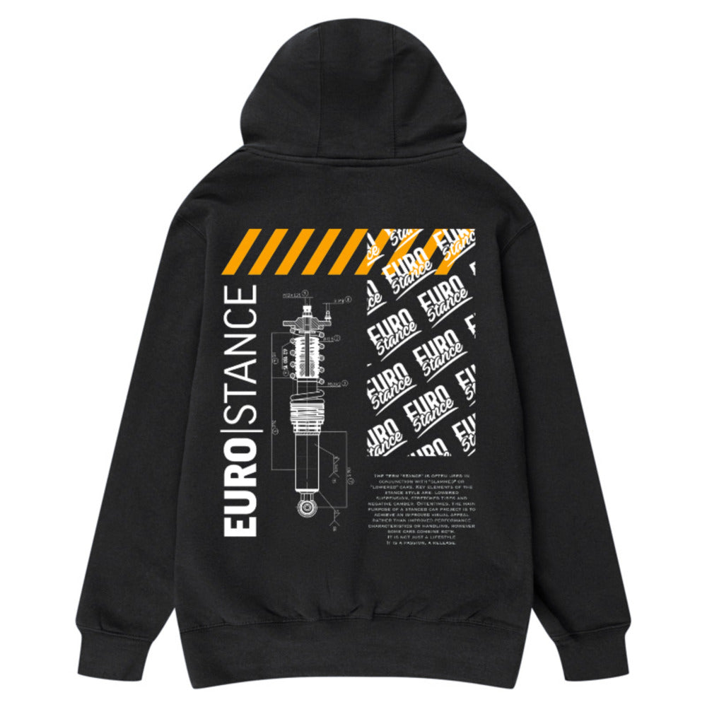 EuroStance Stance Defined Hoodie in black, back view with coilover print and orange hazard stripes