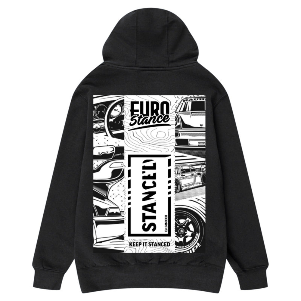 EuroStance Keep it Stance Hoodie in black, back of the hoodie with the car collage print