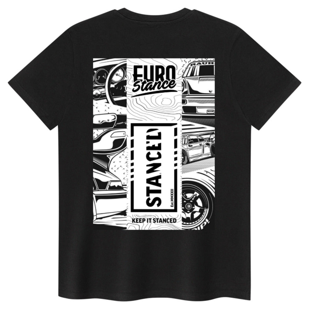 EuroStance Keep It Stanced T-Shirt in black, flat back view showing the car collage print