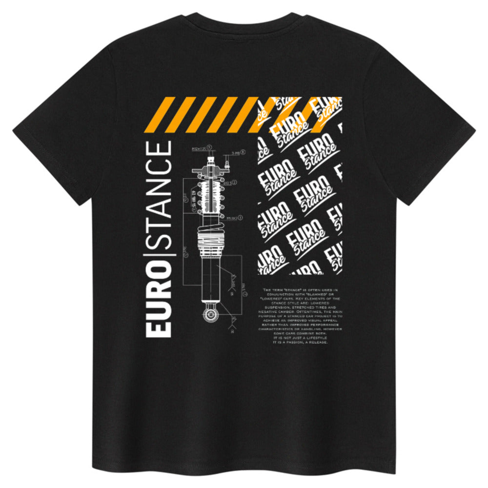 EuroStance Stance Defined T-Shirt in black, back view with coilover print and orange hazard stripes