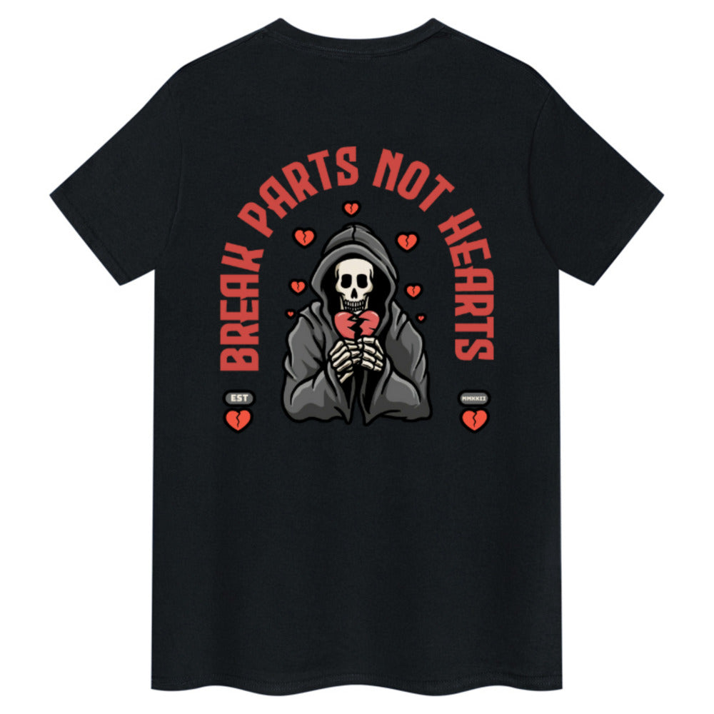 EuroStance Break Parts Not Hearts Tee, back of the black tee with a hooded skeleton print