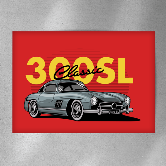 EuroStance Classic 300SL Mercedes Art Poster, landscape print of a grey 300SL on a red background