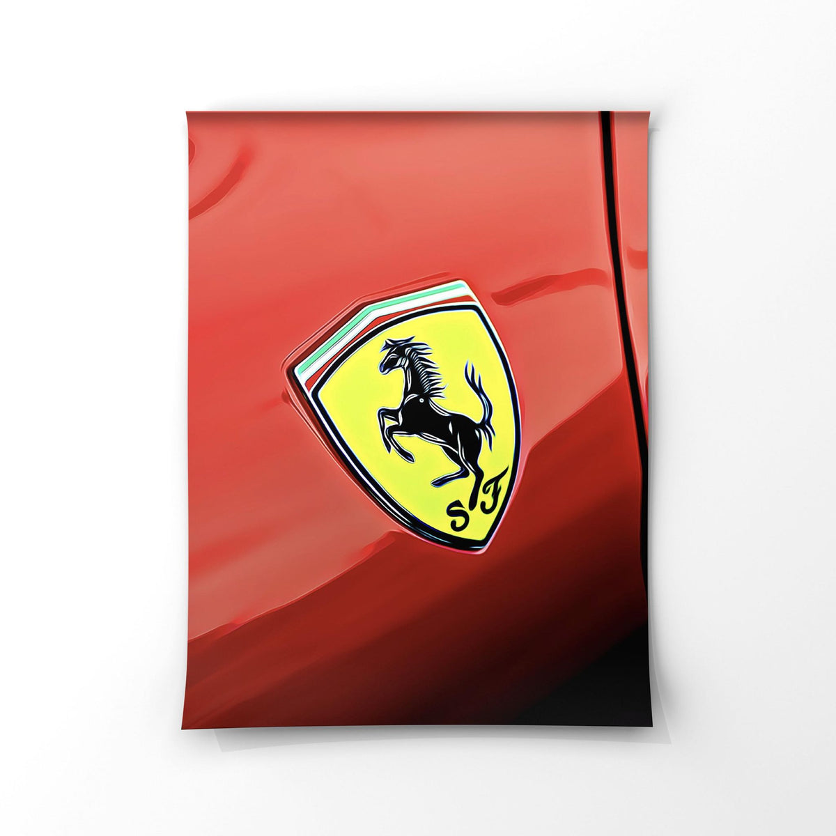 EuroStance Ferrari Emblem Poster showing the yellow prancing horse shield on red bodywork