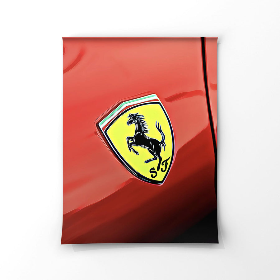 EuroStance Ferrari Emblem Poster showing the yellow prancing horse shield on red bodywork