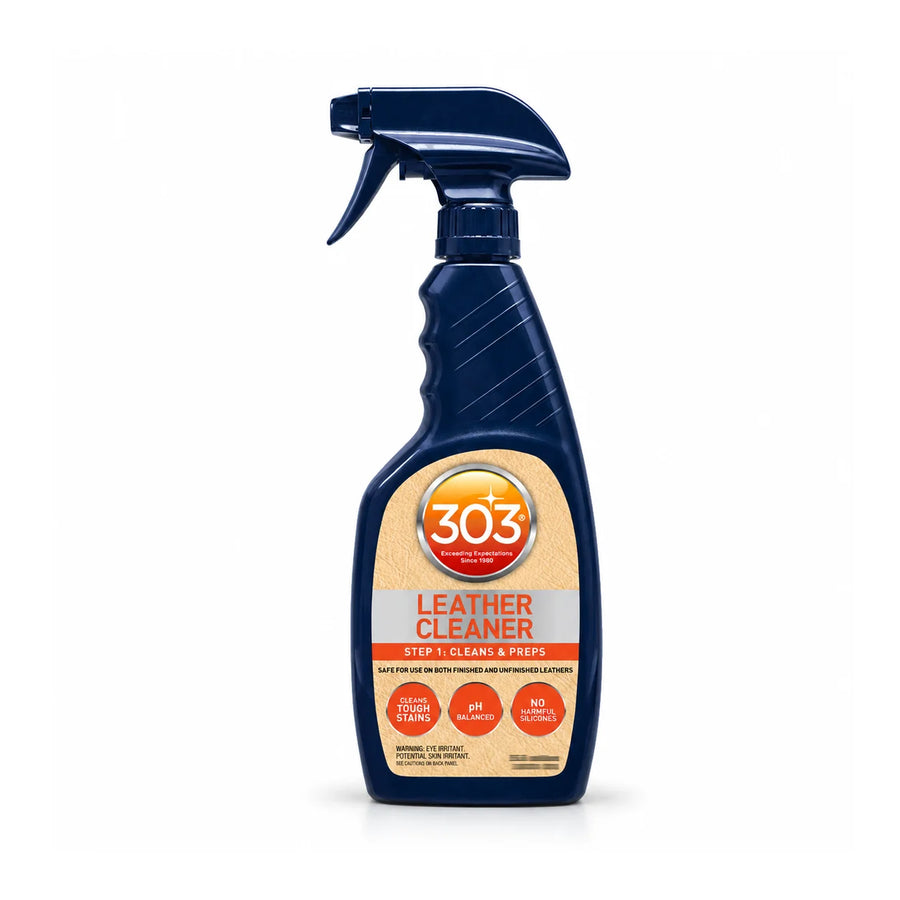 303 Leather Cleaner trigger spray in a navy bottle with a tan leather look label and orange 303 badge, studio photo on white