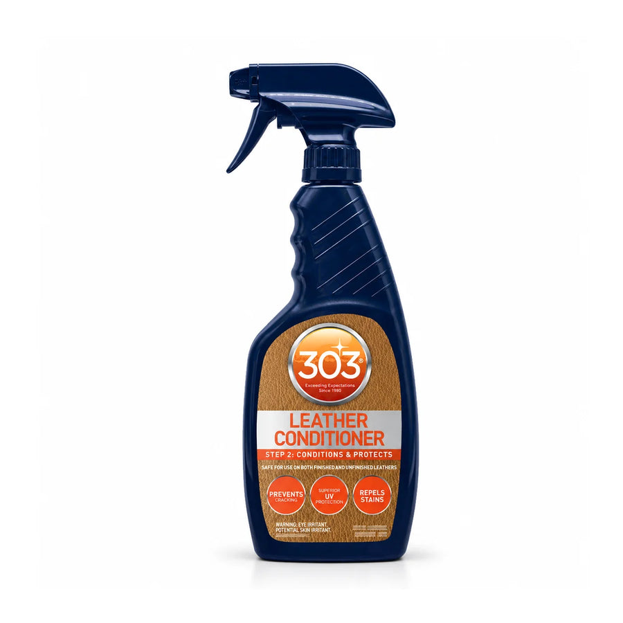 303 Leather Conditioner trigger spray in a navy bottle with a brown leather look label and orange 303 badge, studio photo on white