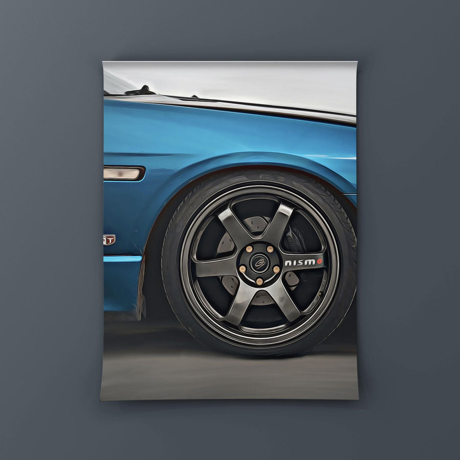 EuroStance Nismo Wheel Poster of a grey six spoke wheel on a blue car