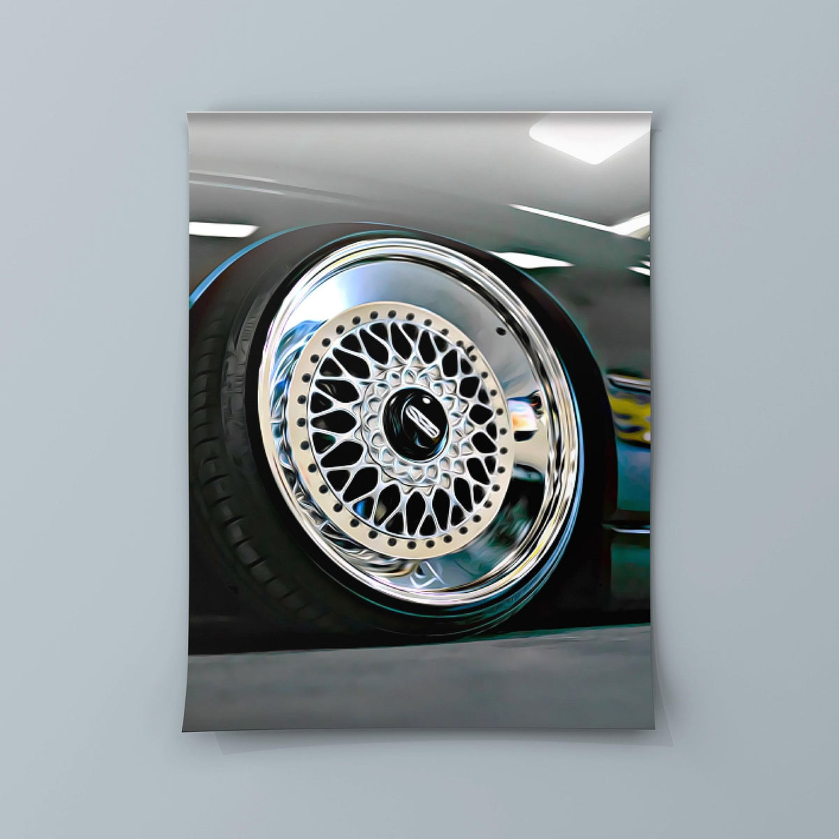 EuroStance Dished BBS Wheels Poster on a grey wall, close up of a polished mesh wheel