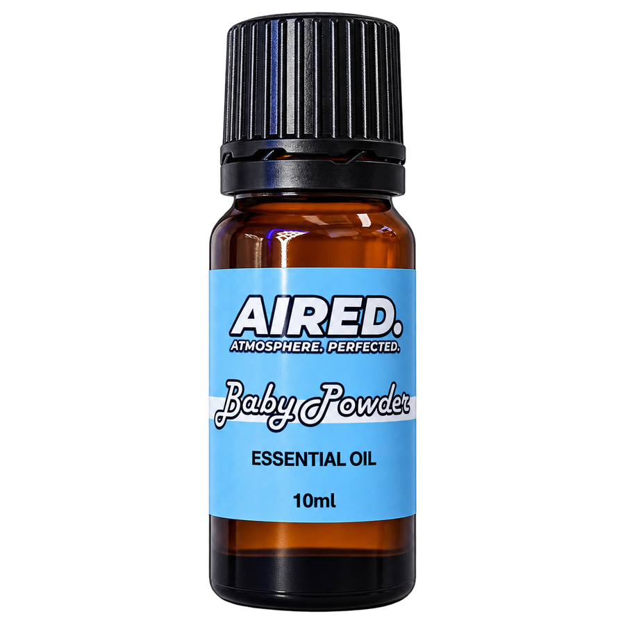 AIRED. Baby Powder Scented Essential Oil in a 10ml amber glass bottle with light blue label