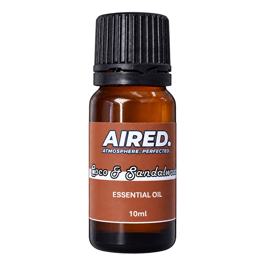 AIRED. Coco & Sandalwood Scented Essential Oil in a 10ml amber glass bottle with brown label
