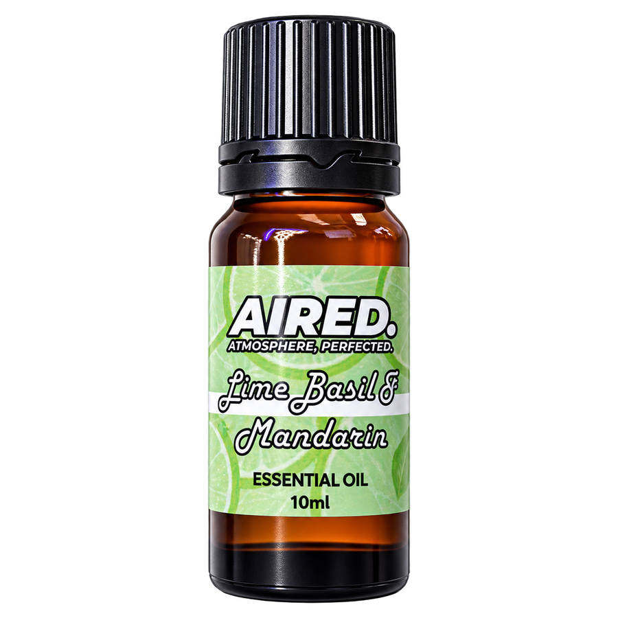 AIRED Lime Basil & Mandarin Scented Essential Oil 10ml, amber bottle with green lime print label