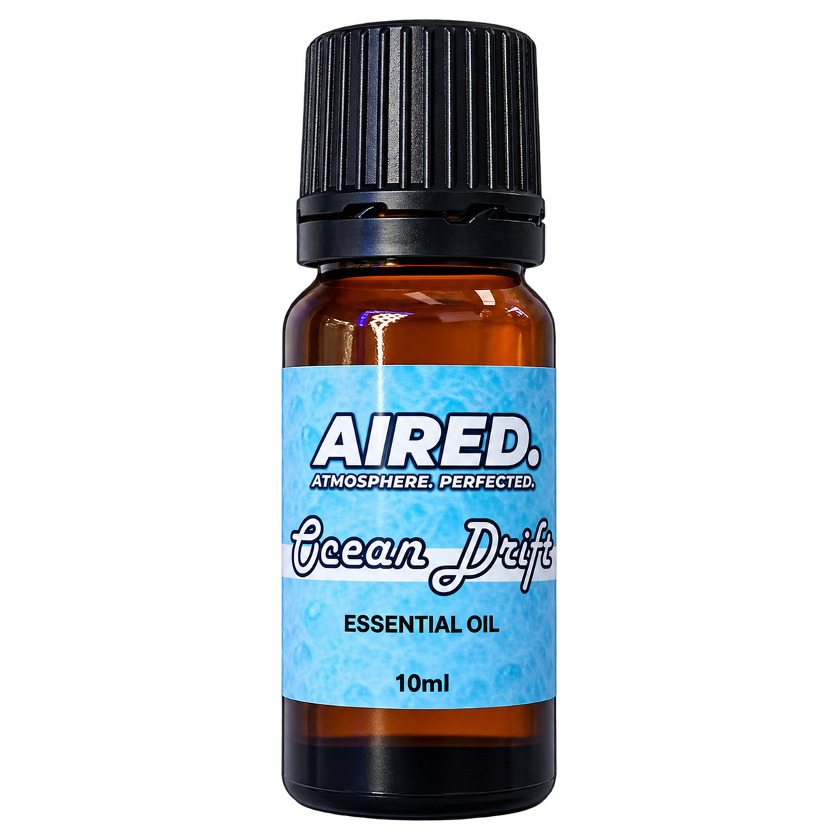 A 10ml amber glass bottle of Aired Ocean Drift Essential Oil with a black ribbed cap and a light blue label, shown on a plain white background.