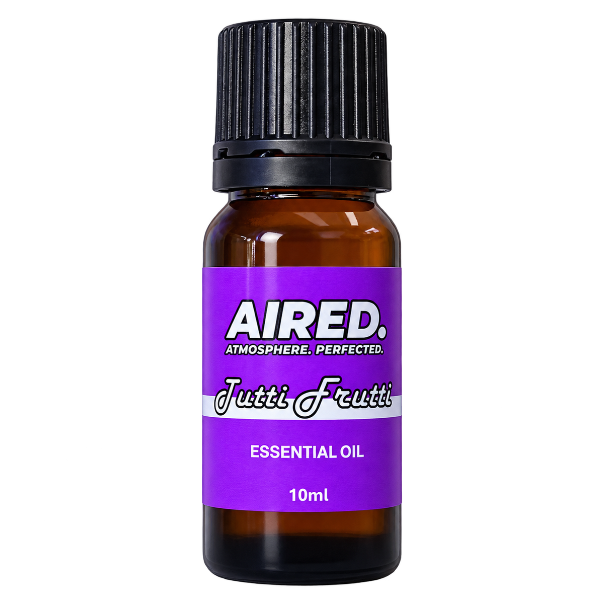 A 10ml amber glass bottle of Aired Tutti Frutti essential oil with a black ribbed cap and a purple label, shown on a plain white background.