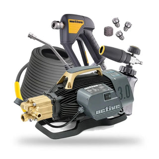 Active 3.0 Electric Pressure Washer Premium Kit: the machine with the steel braided hose, swivel gun, bent lance, foam cannon and spray nozzles