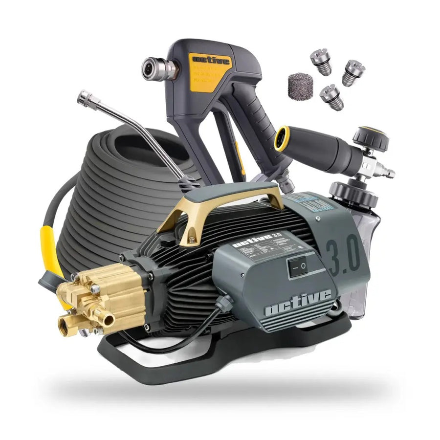 Active 3.0 Electric Pressure Washer Premium Kit: the machine with the steel braided hose, swivel gun, bent lance, foam cannon and spray nozzles