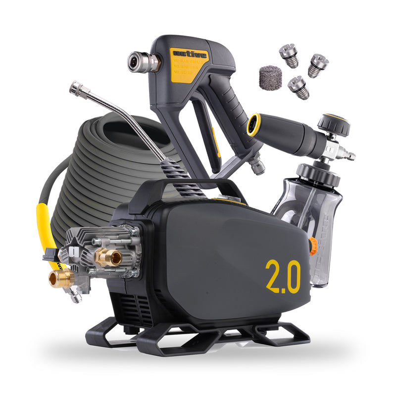 Active 2.0 Electric Pressure Washer Premium Kit with braided hose, swivel gun, bent lance, foam cannon and nozzles