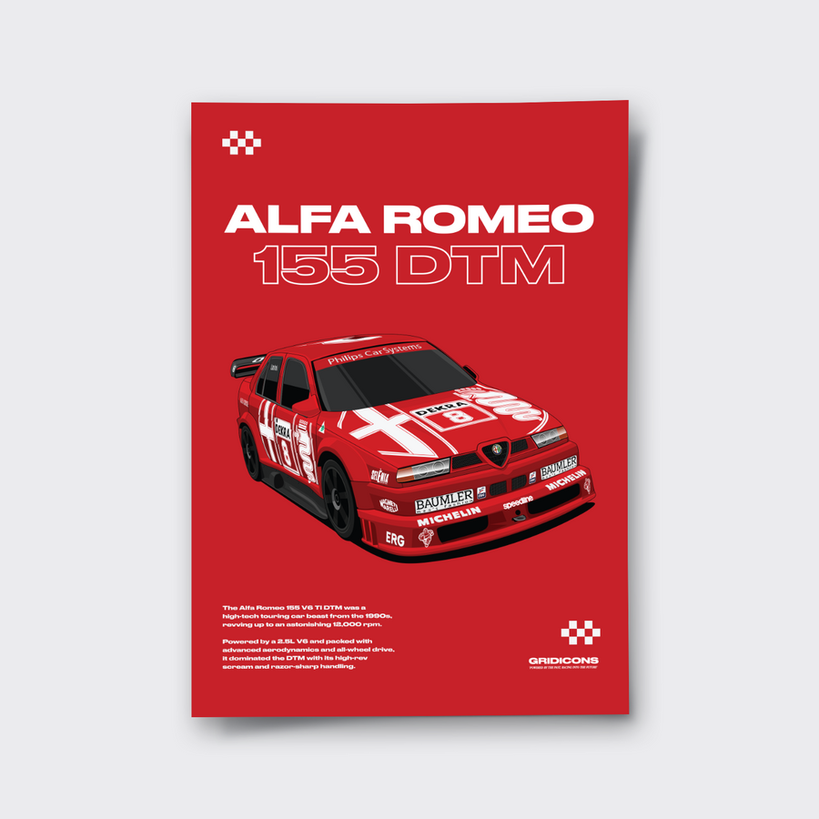 Alfa Romeo 155 DTM poster print showing the red race car illustration and bold title