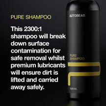Autobead Pure Shampoo 2300:1 500ml black bottle beside a large white text panel