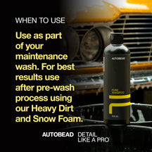 Autobead Pure Shampoo 2300:1 when to use graphic with the 500ml bottle on a wash bucket
