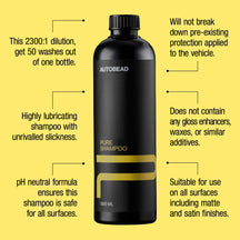 Autobead Pure Shampoo 2300:1 500ml bottle on a yellow background with feature callouts