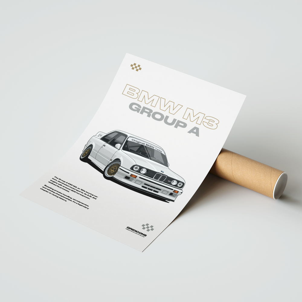 BMW E30 M3 DTM Group A #2 poster, unframed print resting on a cardboard tube
