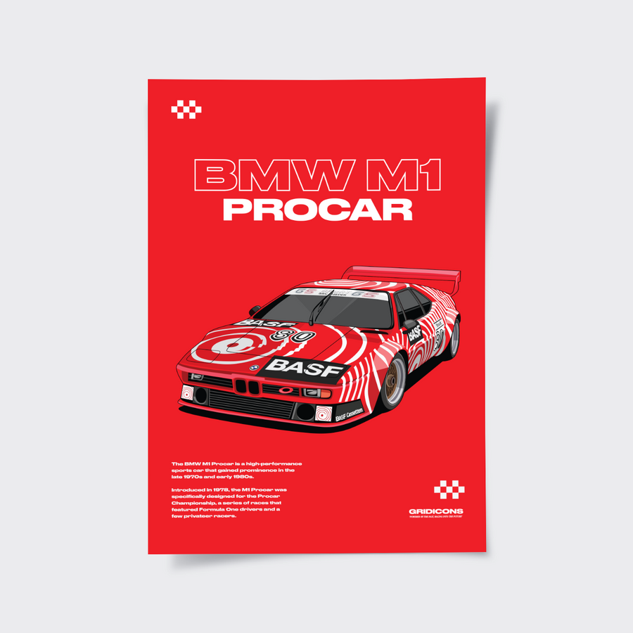 BMW M1 Procar BASF A3 poster print, front view of the red poster design
