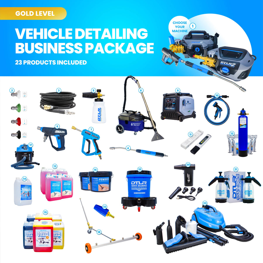 Gold Car Detailing Business Start-Up Package with all 23 numbered items laid out on white