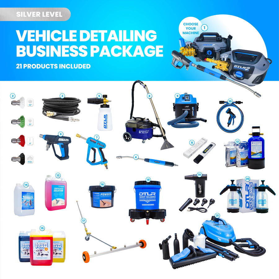 Silver Car Detailing Business Start-Up Package graphic with all the numbered kit items laid out