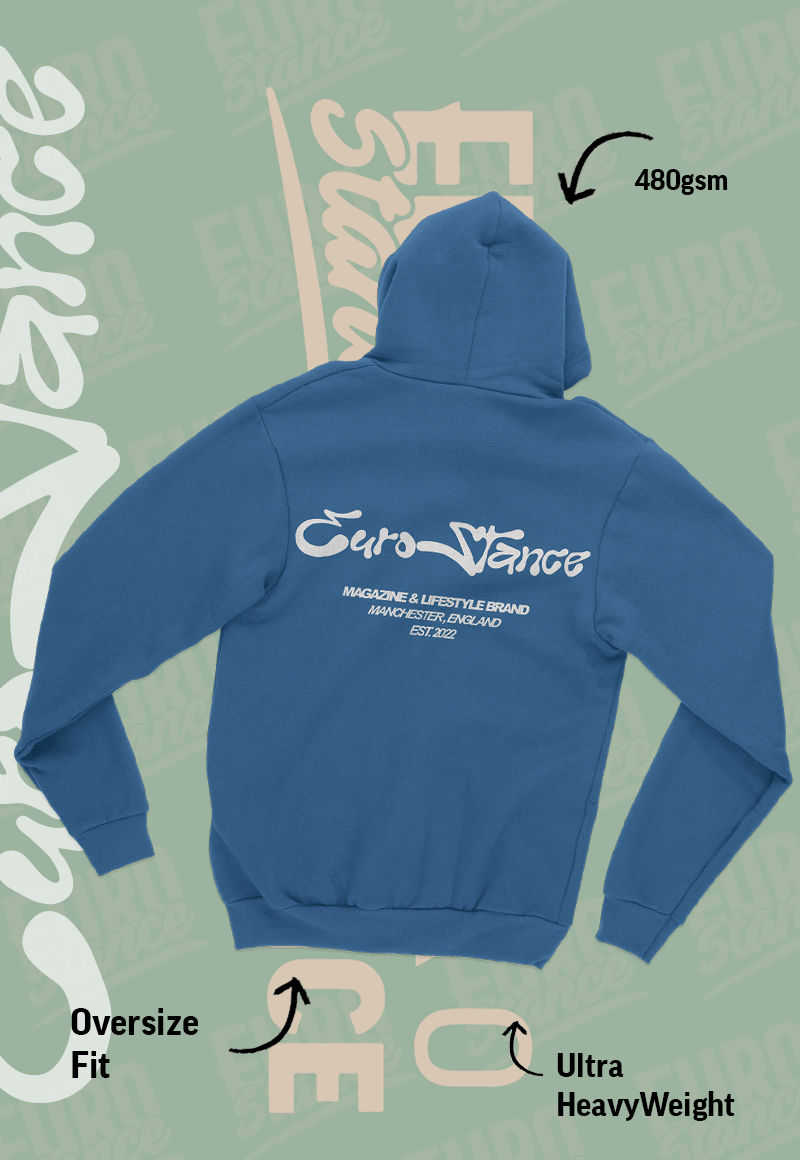 EuroStance Lifestyle Script Oversized Hoodie in Airforce Blue, back with script print and callouts