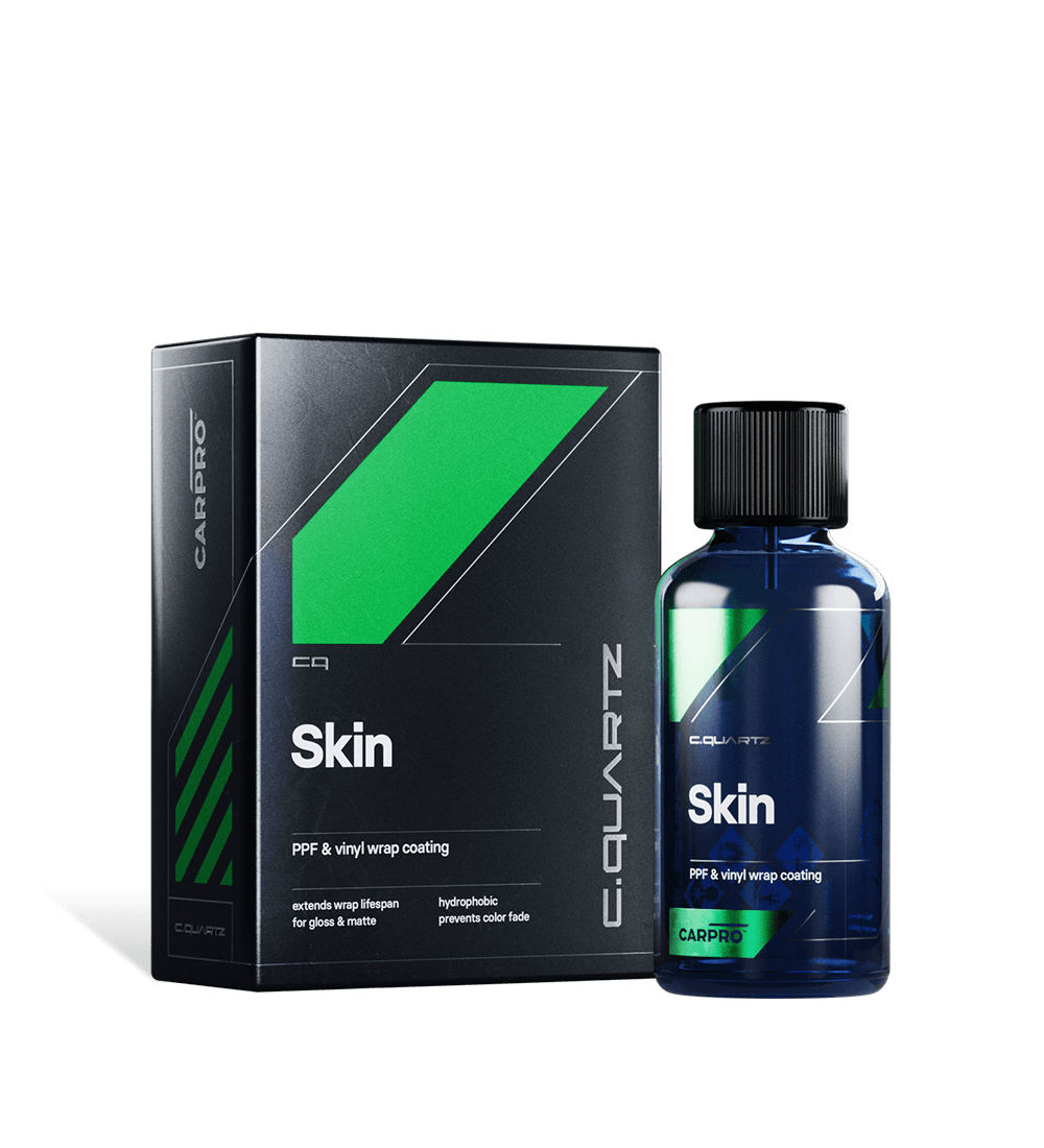 CarPro CQuartz Skin PPF & Vinyl Coating, black box with green stripe beside the blue bottle