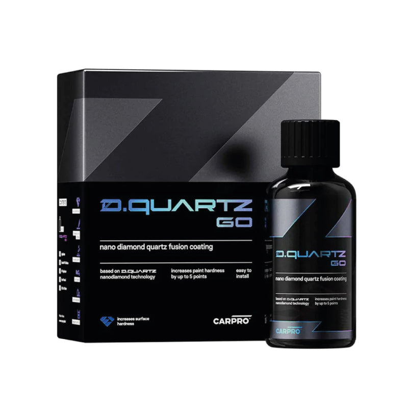 CarPro Dquartz Go coating bottle with black cap standing beside its black box