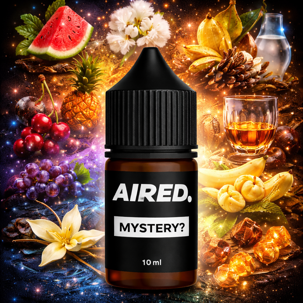 Bottle of AIRED e-liquid with a colorful background of fruits, flowers, and a glass of liquid.