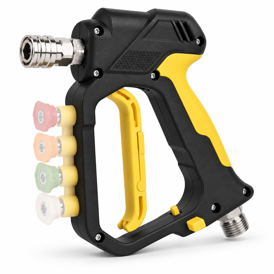 Better High Pressure Stubby Trigger Gun in black and yellow, side view with coloured nozzle tips