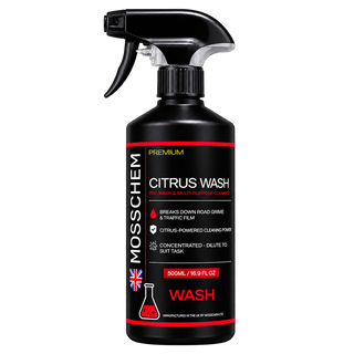 Mosschem Citrus Wash pre-wash and multi-purpose cleaner, 500ml black trigger spray bottle with a red label