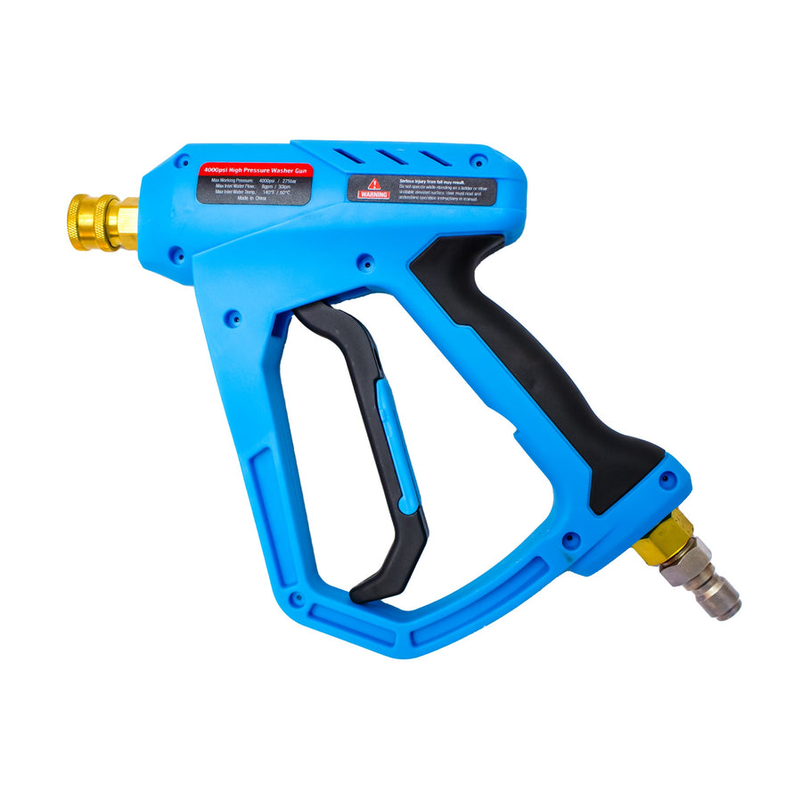 DTLR Professional Short Trigger Gun side view in blue with black grip and brass coupler