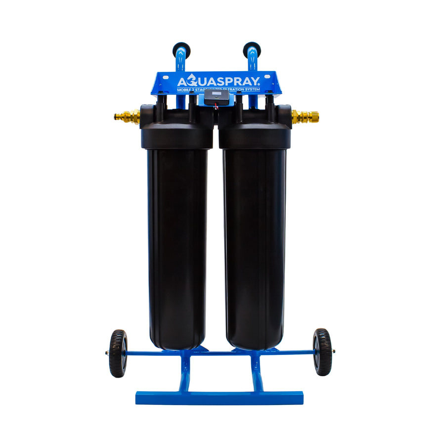 Aquaspray Two Stage De-Ionising Water Filter Trolley, front view of two black housings on blue frame