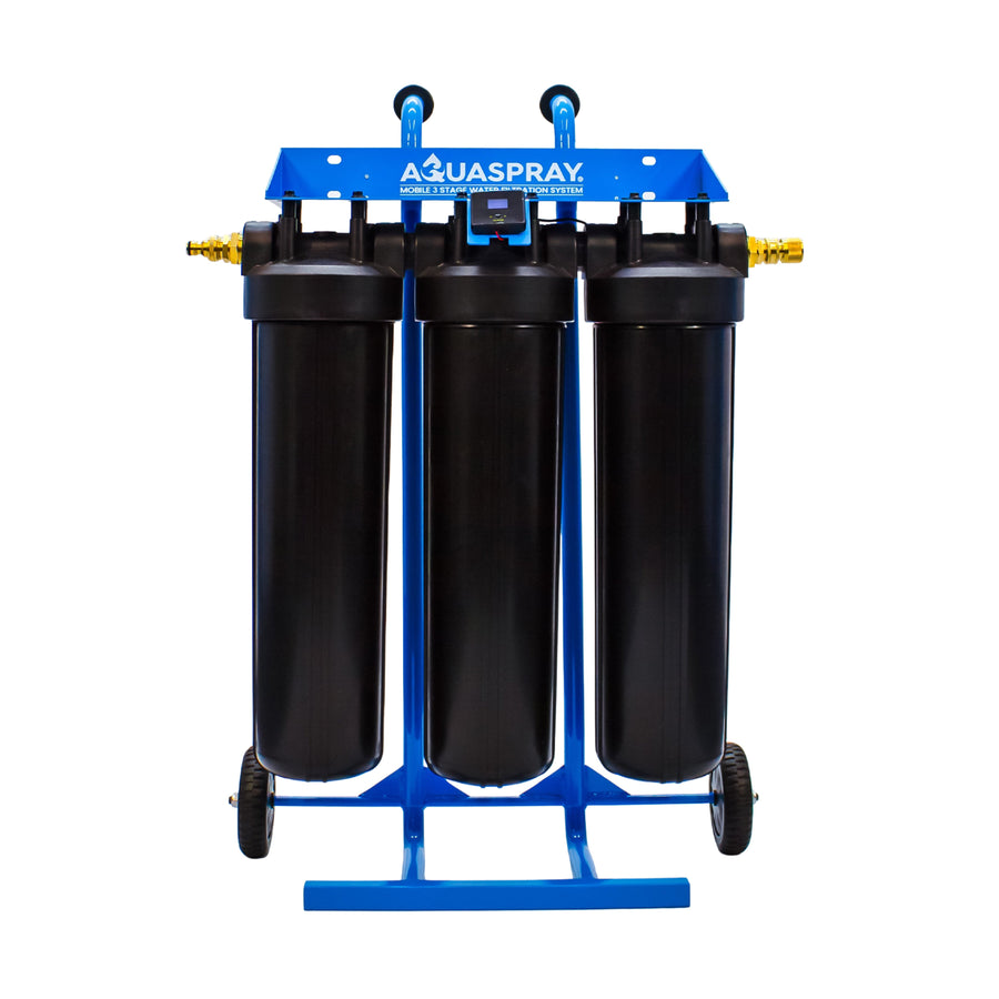 Aquaspray Three Stage De-Ionising Water Filter, front view of three black housings on a blue trolley