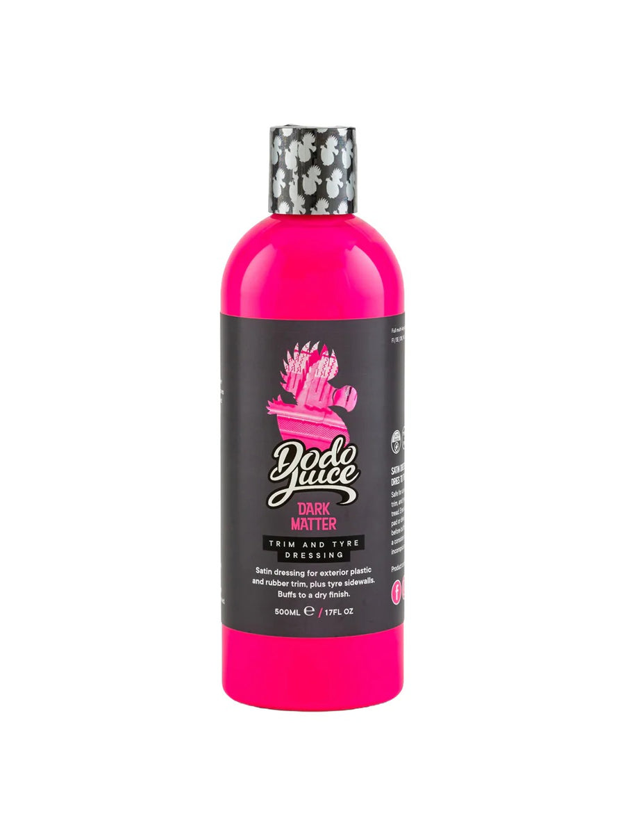 Dodo Juice Dark Matter Tyre and Trim Dressing, bright pink bottle with patterned screw cap