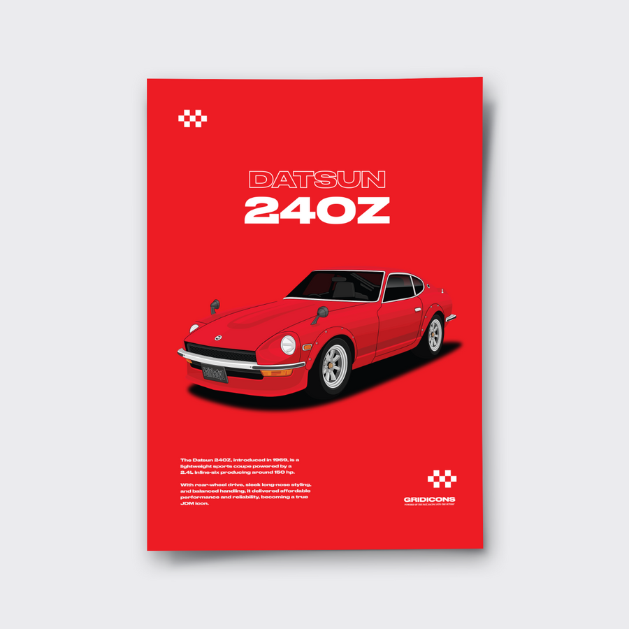 Datsun 240Z poster print, red poster with the red car illustrated above a short text panel