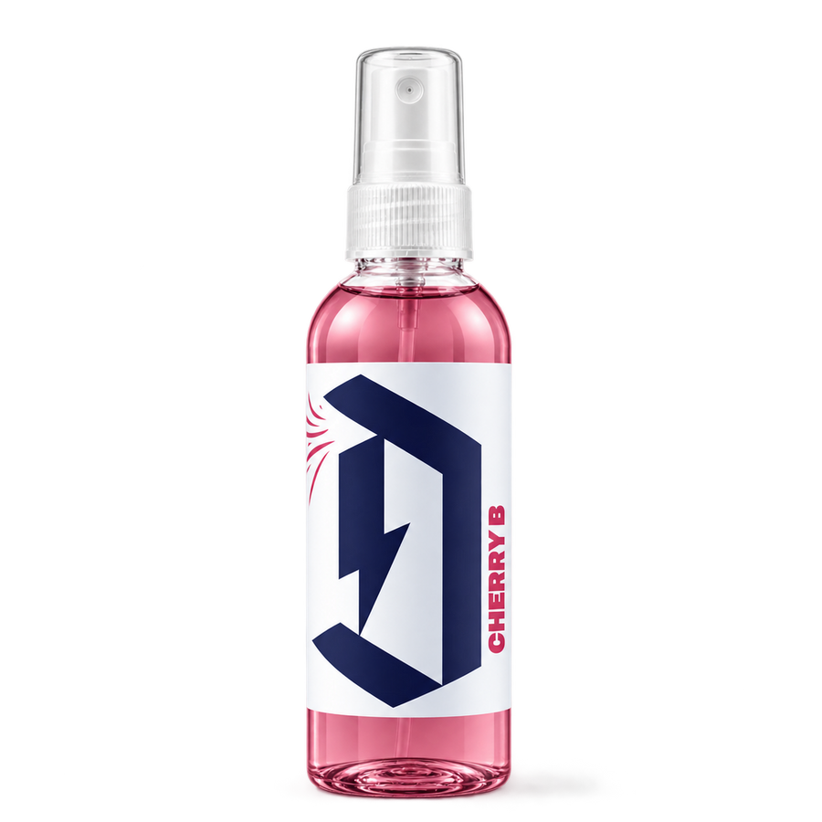 Duel Cherry B Car Air Freshener spray bottle with pink liquid and white label