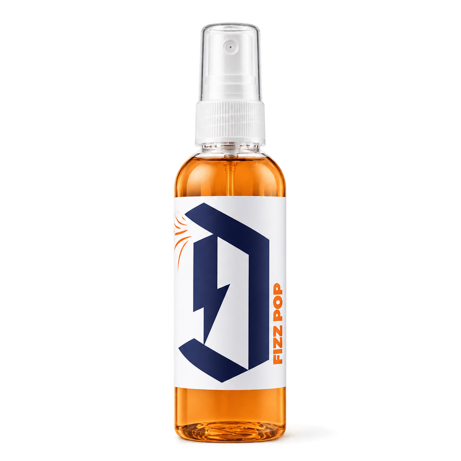 Duel Fizz Pop Car Air Freshener spray bottle with orange liquid and white label